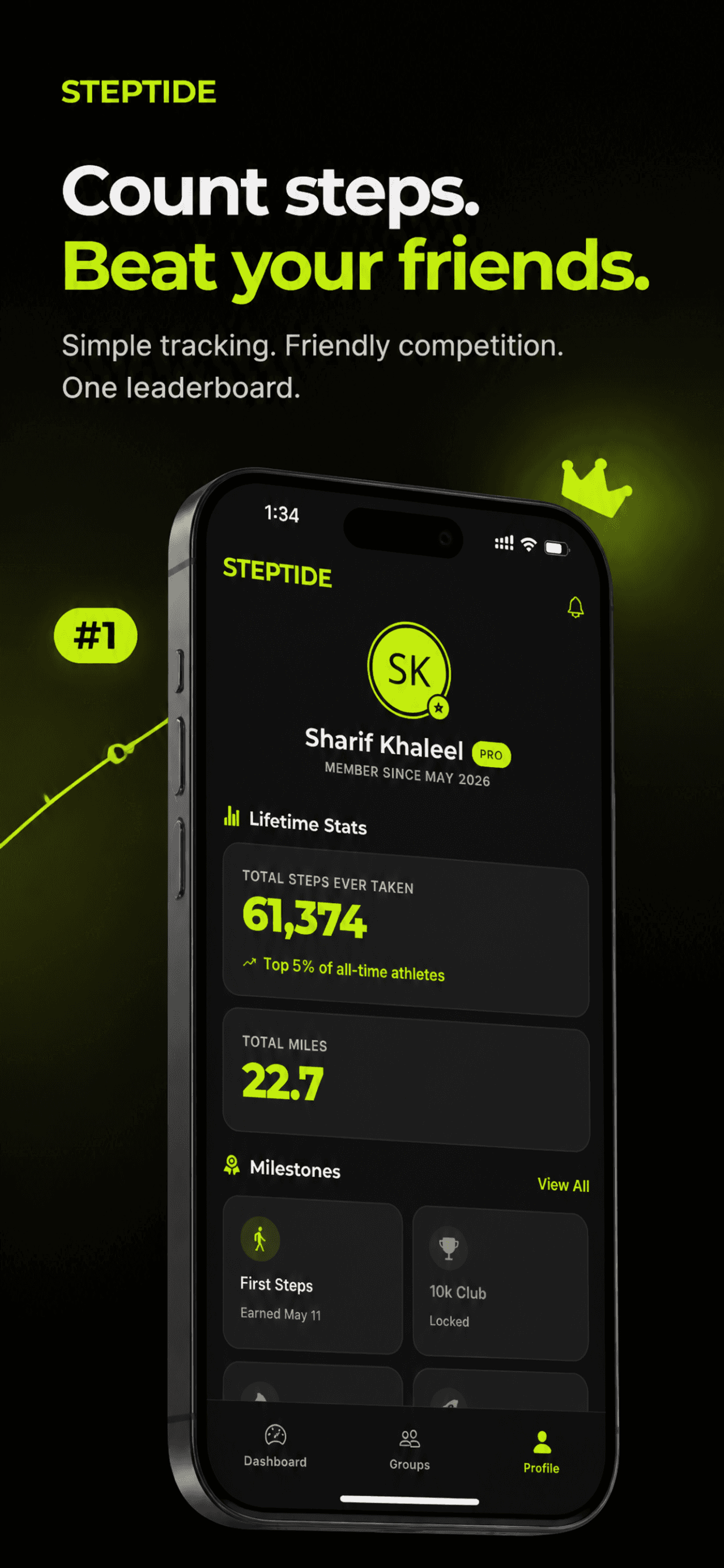 Steptide profile with lifetime stats and milestones