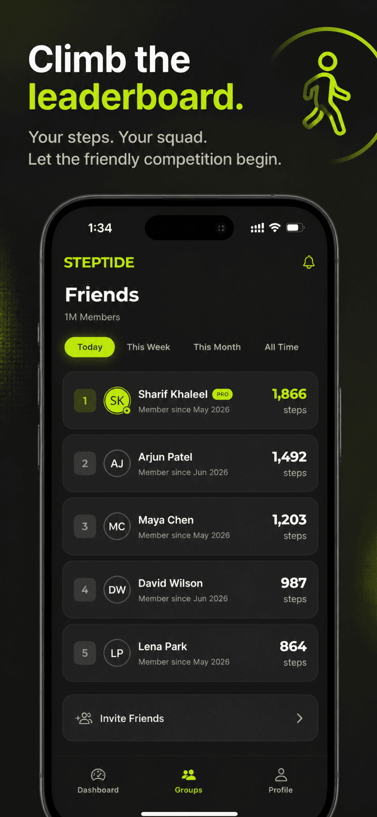 Steptide friends leaderboard ranking by today's steps